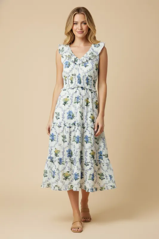 Womens Block Print Ruffled V Neck Dress sold by Hayden