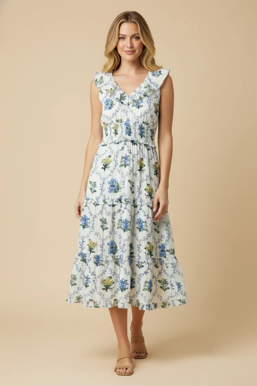 Womens Block Print Ruffled V Neck Dress sold by Hayden