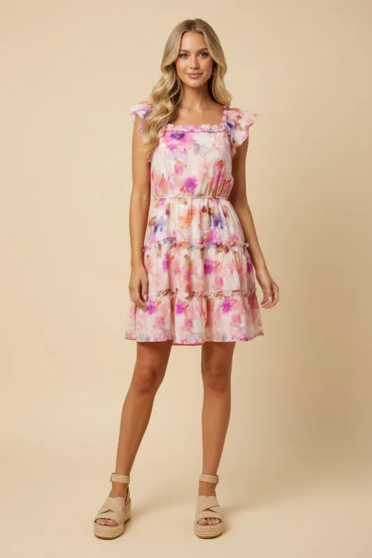 Womens Abstract Floral Ruffled Square Neck Dress sold by Hayden