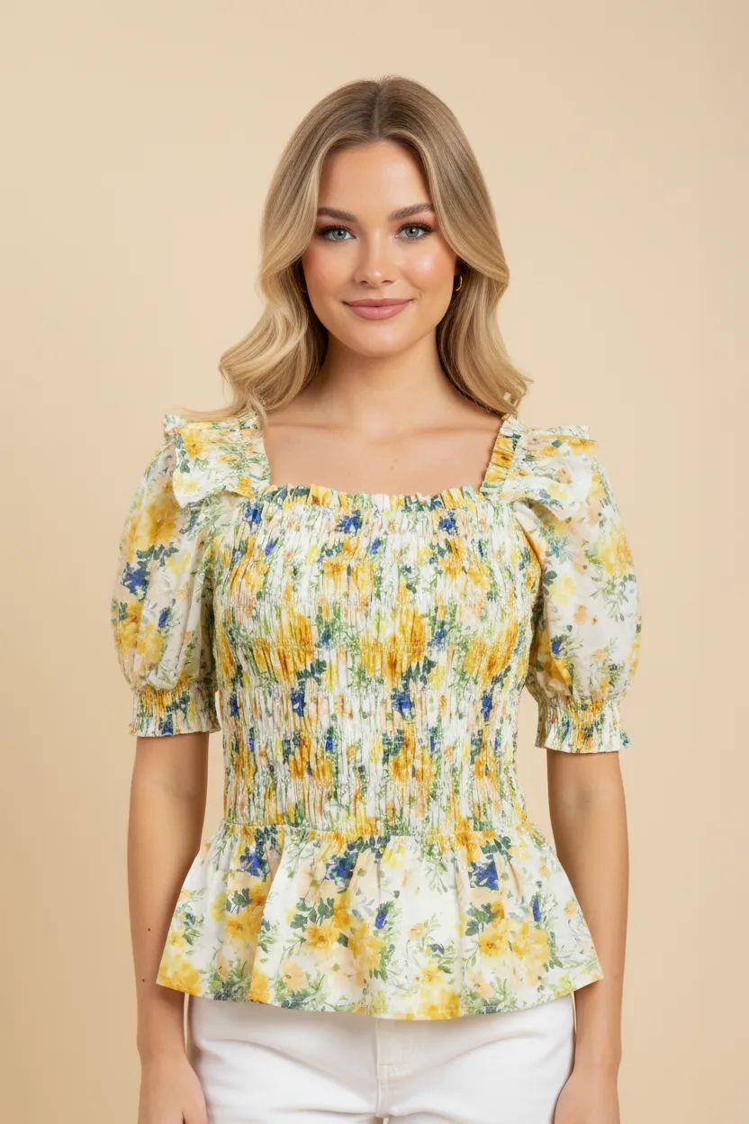 Womens Floral Puff Sleeve Square Neck Peplum Top sold by Hayden product image thumbnail 4