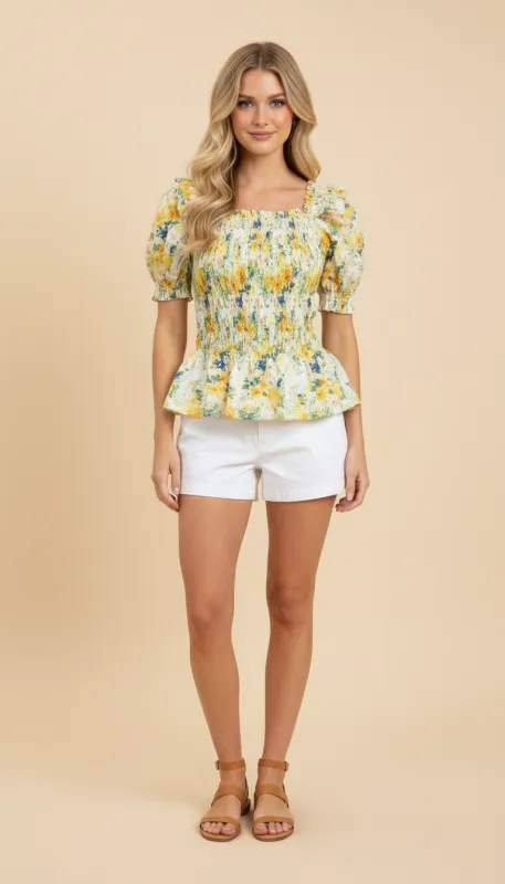 Womens Floral Puff Sleeve Square Neck Peplum Top sold by Hayden