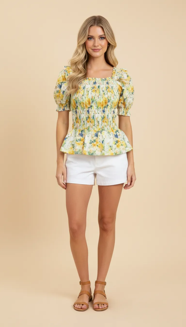 Womens Floral Puff Sleeve Square Neck Peplum Top sold by Hayden