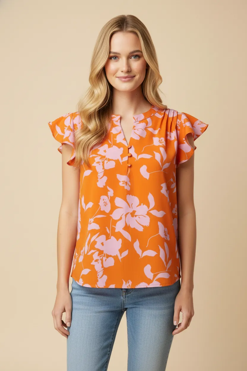 Womens Floral Silhouette Pleated Shoulder Ruffle Tank sold by Hayden product image thumbnail 4