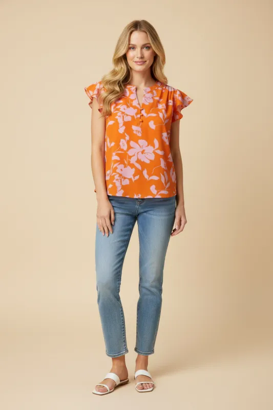 Womens Floral Silhouette Pleated Shoulder Ruffle Tank sold by Hayden