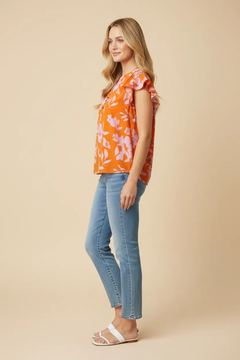 Womens Floral Silhouette Pleated Shoulder Ruffle Tank sold by Hayden product image thumbnail 2
