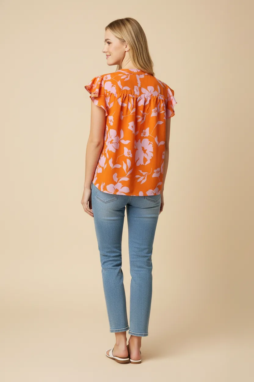 Womens Floral Silhouette Pleated Shoulder Ruffle Tank sold by Hayden product image thumbnail 3