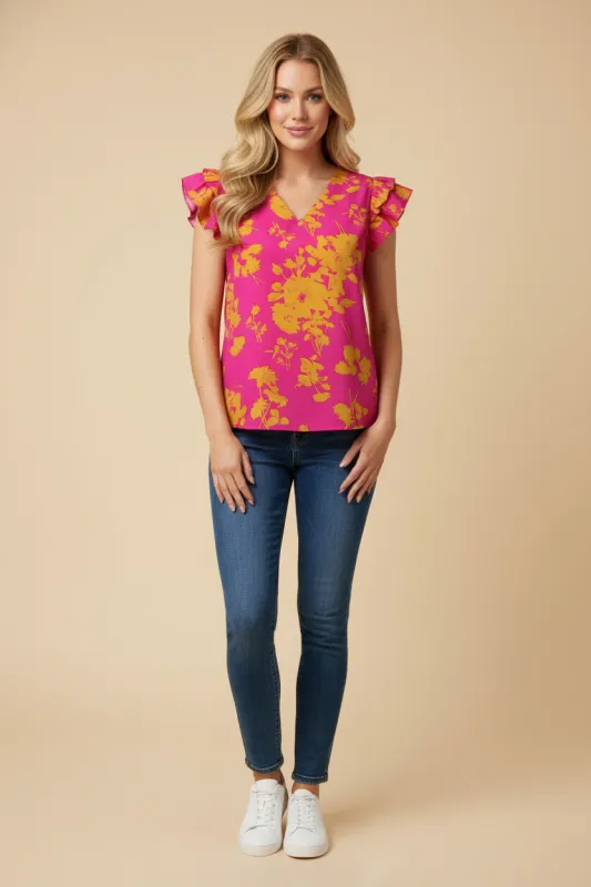Womens Floral Silhouette Print Ruffled V Neck Tank sold by Hayden