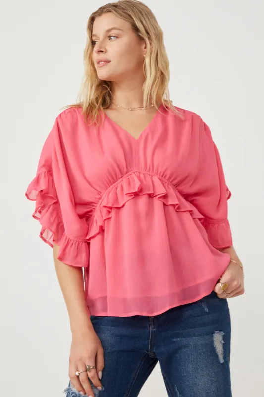 Womens V Neck Wide Sleeve Ruffled Chiffon Top sold by Hayden