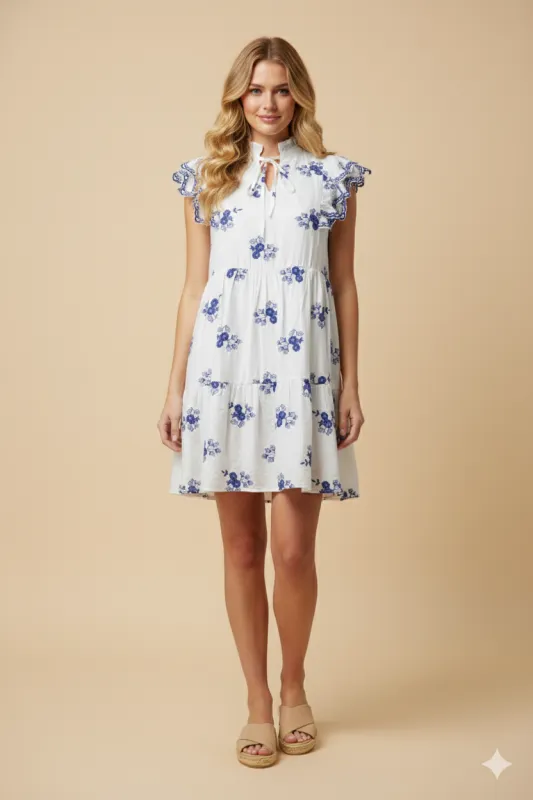Womens Floral Embroidered Ruffled Shoulder Dress sold by Hayden
