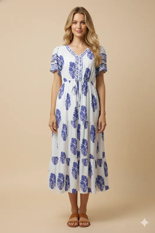 Womens Block Print Tie Detail V Neck Dress sold by Hayden