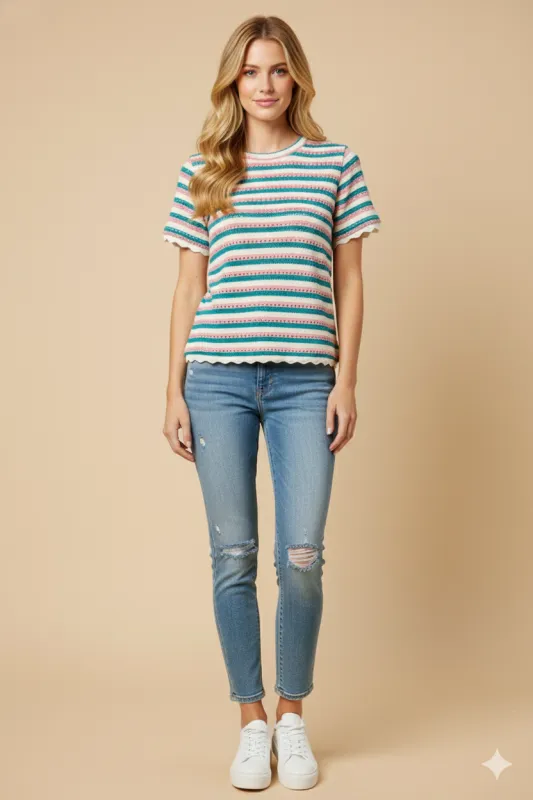 Womens Lace Trimmed Open Knit Striped Top made by Hayden