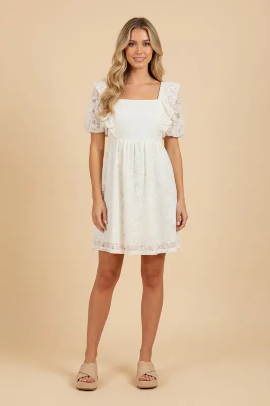 Womens Floral Lace Fabric Ruffled Square Neck Dress made by Hayden