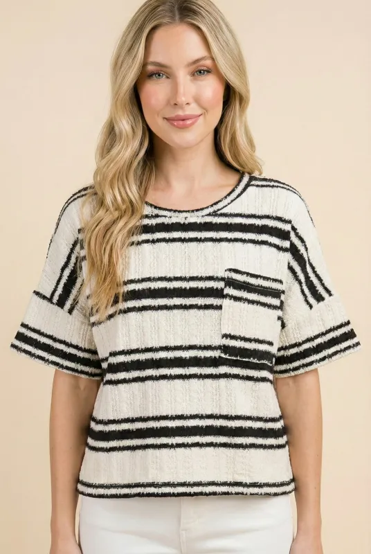 Womens Striped Patch Pocket Knitted T Shirt made by Hayden