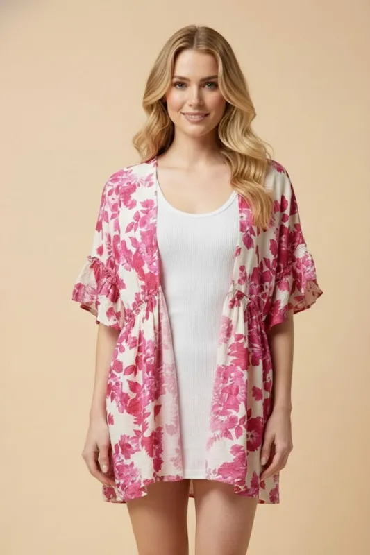 Womens Ruffle Detail Textured Floral Kimono sold by Hayden