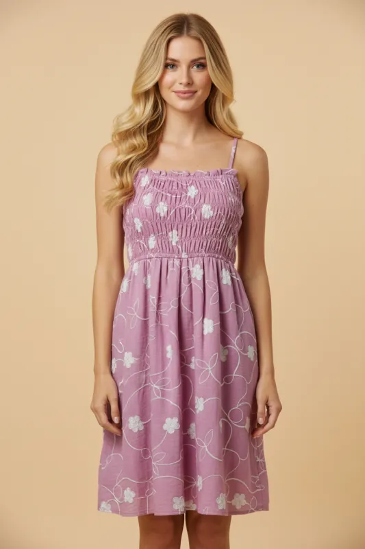 Womens Floral Embroidered Smocked Dress sold by Hayden