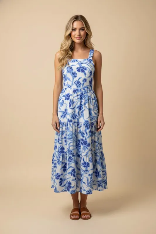 Womens Tropical Floral Crossback Tie Detail Sleeveless Dress made by Hayden