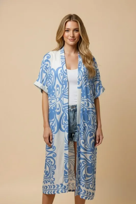 Womens Border Print Long Length Kimono sold by Hayden
