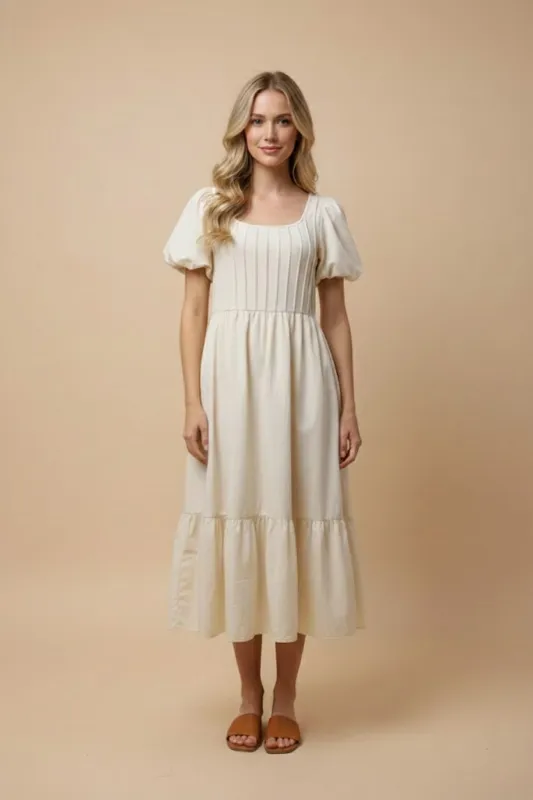 Womens Pintuck Detail Mix Media Puff Sleeve Dress made by Hayden