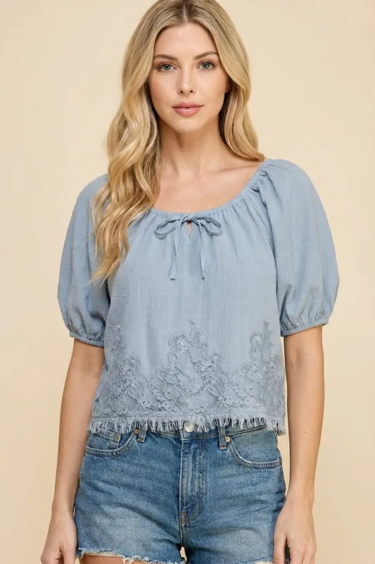 Womens Eyelet Lace Trimmed Puff Sleeve Top made by Hayden