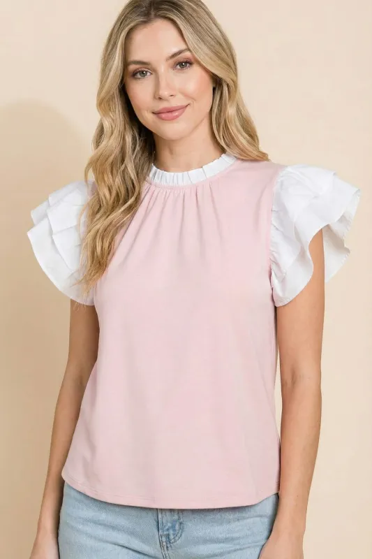Womens Soft Knit Mix Media Ruffled Top made by Hayden
