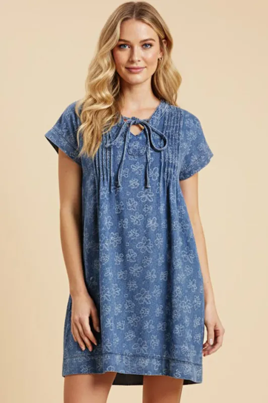 Womens Floral Burnout Pintuck Tie Detail Denim Dress made by Hayden