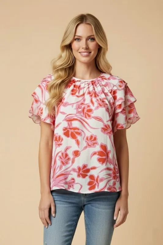 Womens Scallop Sleeve Tropical Floral Top made by Hayden
