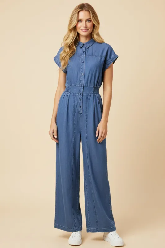 Womens Sleeveless Button Collared Tencel Jumpsuit made by Hayden