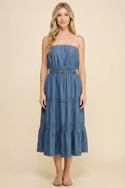 Womens Pleated Chambray Tube Top Dress made by Hayden