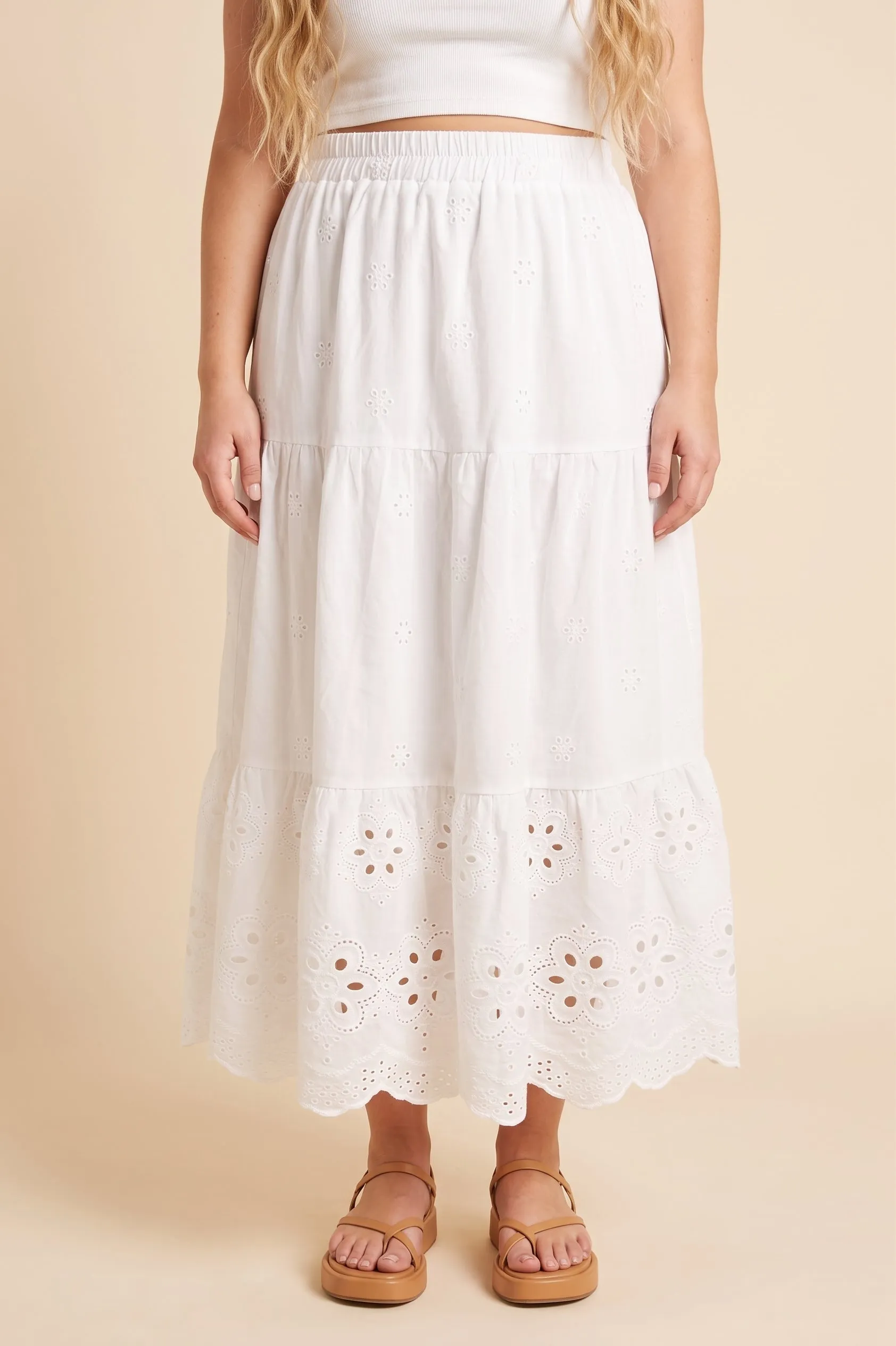 Women Scalloped Eyelet Hemmed Tiered Skirt sold by Hayden product image thumbnail 4