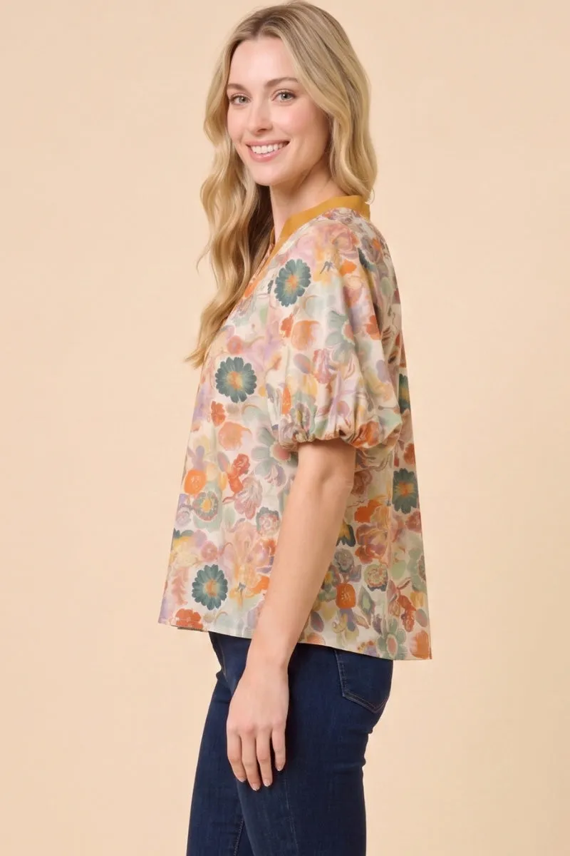 Womens Contrast Collared Floral Puff Sleeve Top sold by Hayden product image thumbnail 2