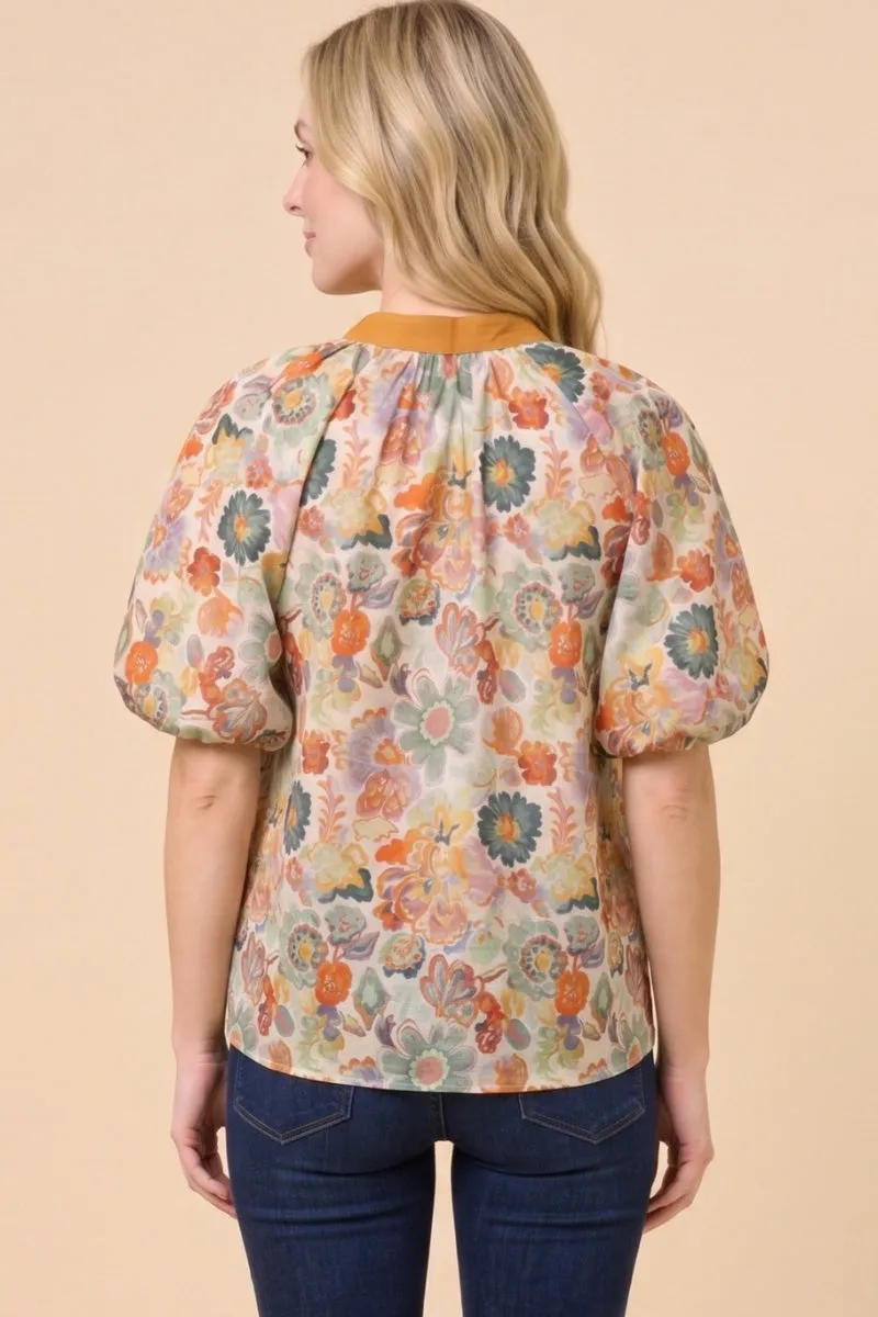 Womens Contrast Collared Floral Puff Sleeve Top sold by Hayden product image thumbnail 3