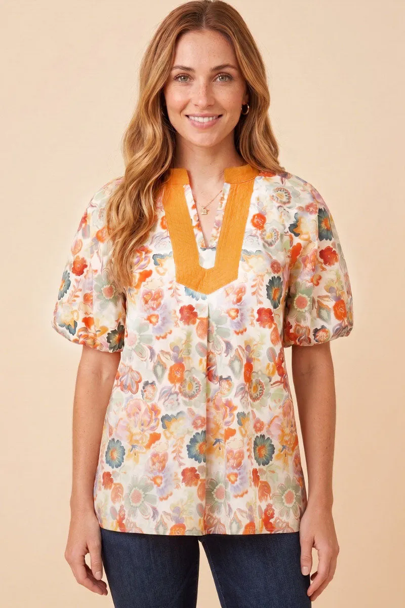 Womens Contrast Collared Floral Puff Sleeve Top sold by Hayden
