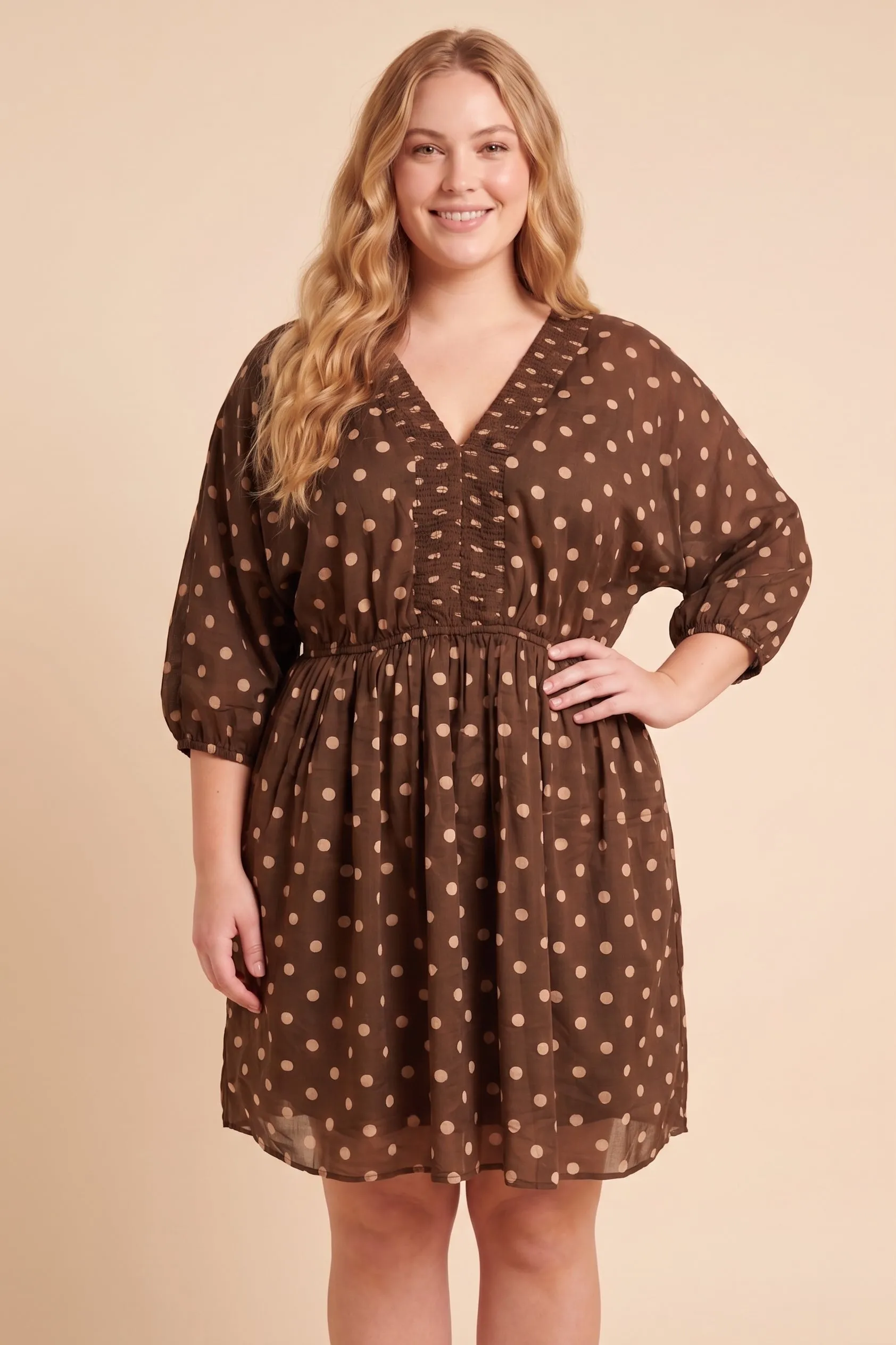 Womens Smocked Neckline Polka Dot Dolman Dress sold by Hayden product image thumbnail 5