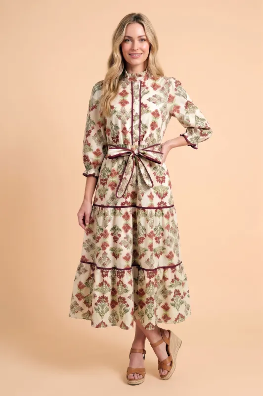 Womens Block Print Ruffle Detail Belted Dress made by Hayden