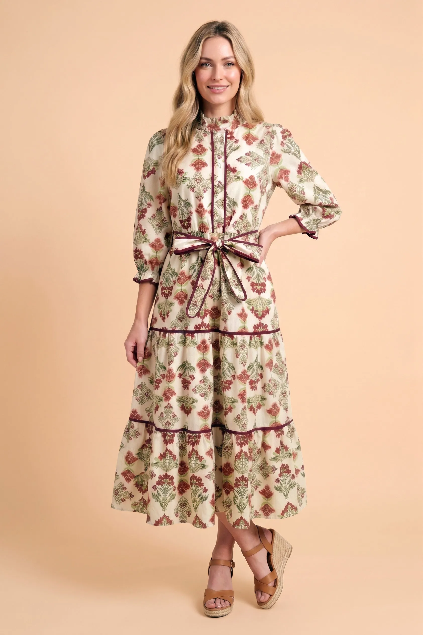 Womens Block Print Ruffle Detail Belted Dress sold by Hayden