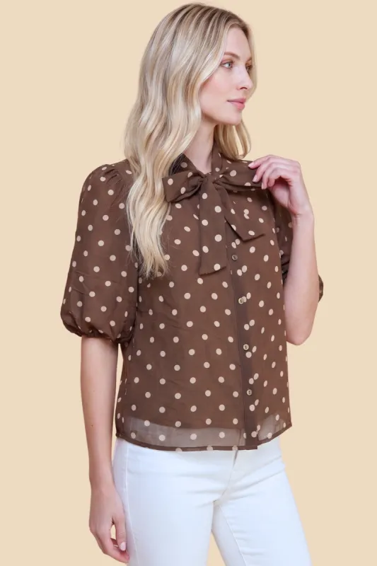 Womens Bow Tie Polka Dot Short Sleeve Shirt made by Hayden
