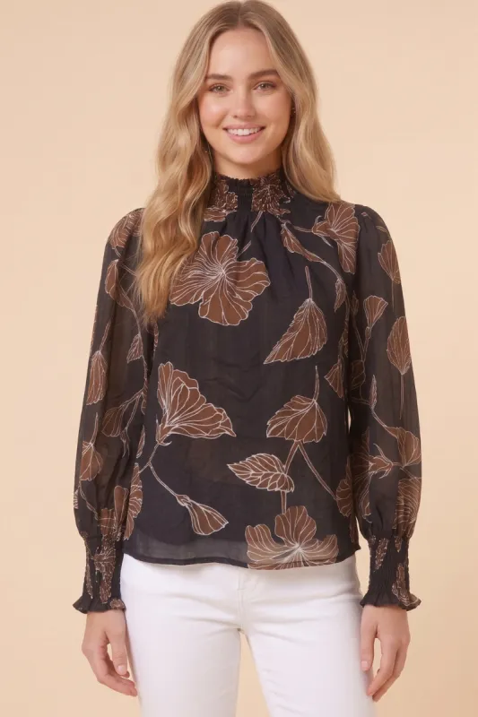Womens Bold Floral Print Smock Detail Long Sleeve Top made by Hayden