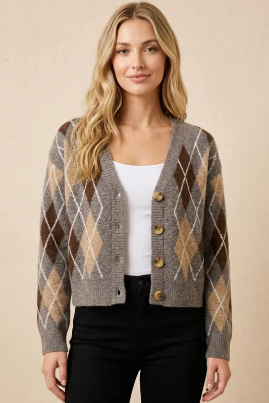 Womens Argyle Print Buttoned Sweater Cardigan made by Hayden