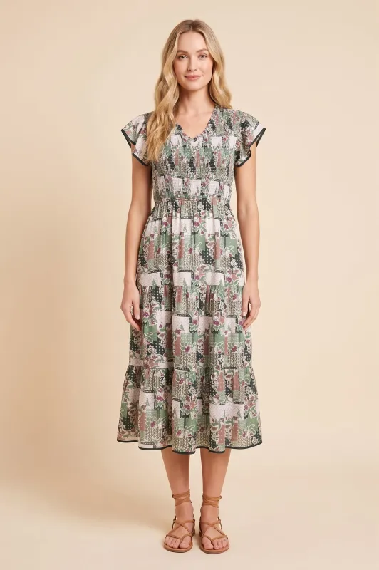 Womens Floral Patch Print Ruffled V Neck Dress made by Hayden
