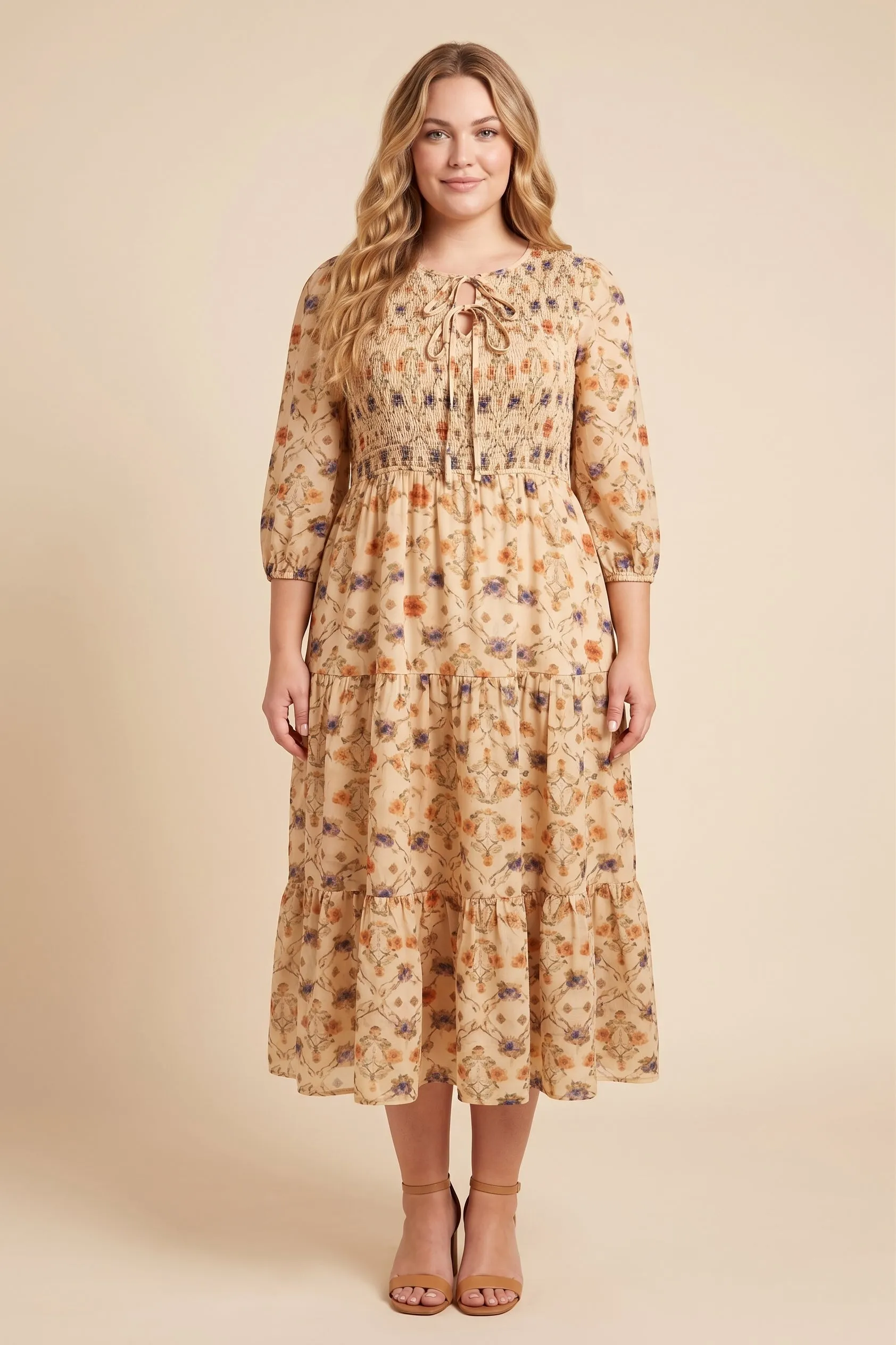 Womens Floral Printed Smocked Front Tie Dress sold by Hayden product image thumbnail 4