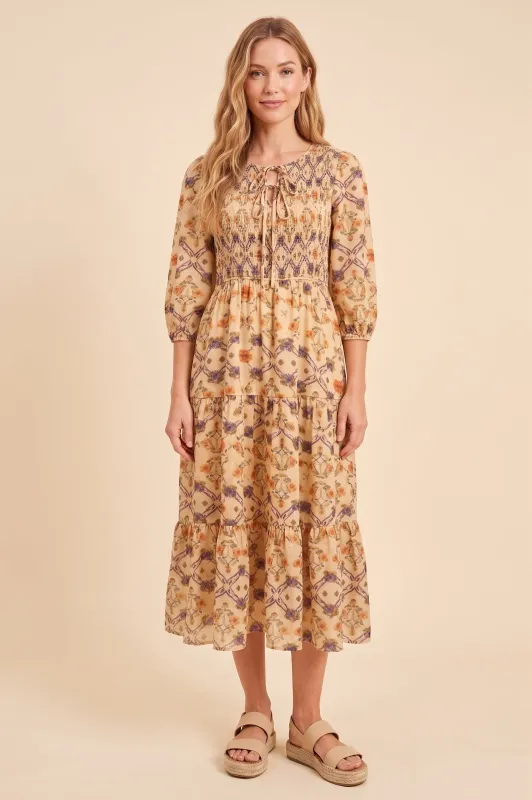 Womens Floral Printed Smocked Front Tie Dress made by Hayden