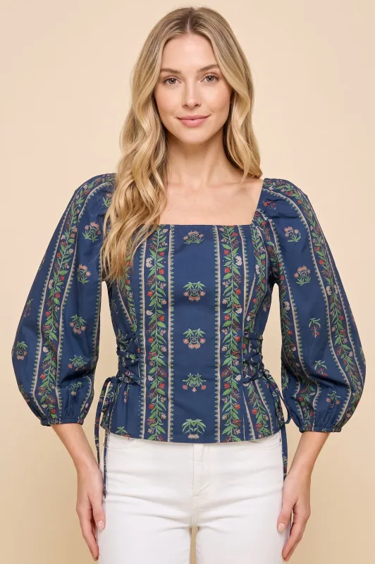 Womens Striped Floral Print Side Tie Detail Top made by Hayden