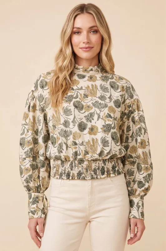 Womens Tie Cuff Detail Foliage Print Top made by Hayden