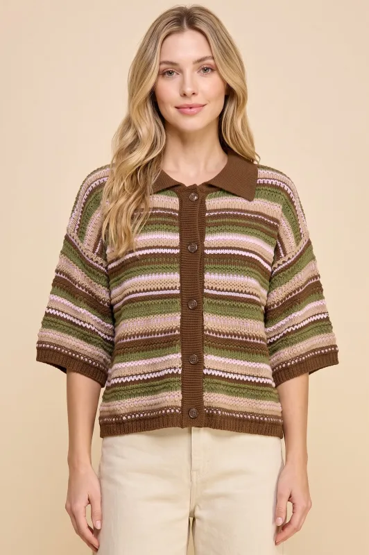 Womens Multi Stripe Textured Sweater Knit Collared Shirt made by Hayden