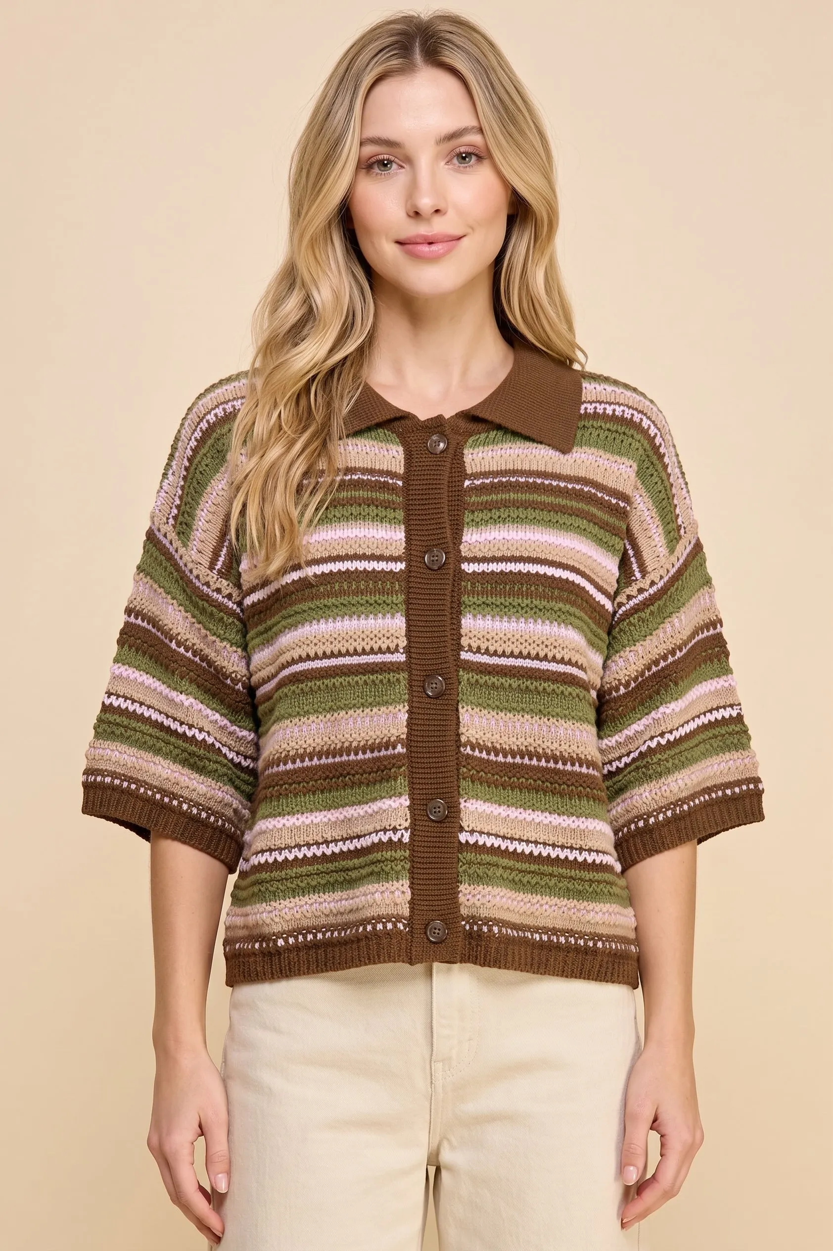 Womens Multi Stripe Textured Sweater Knit Collared Shirt sold by Hayden