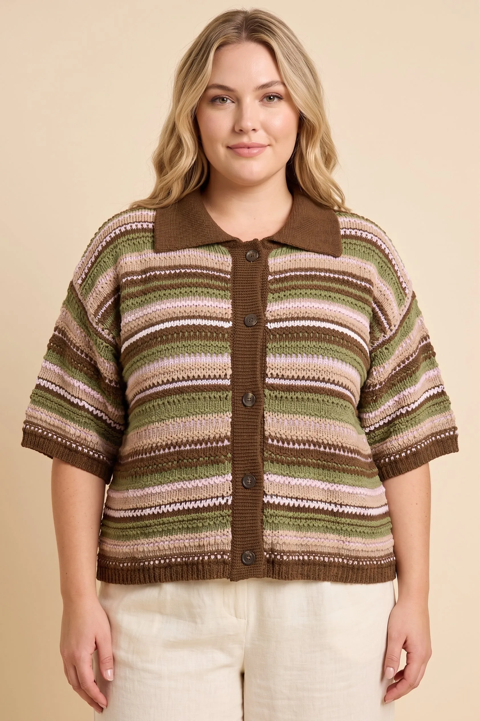 Womens Multi Stripe Textured Sweater Knit Collared Shirt sold by Hayden product image thumbnail 5