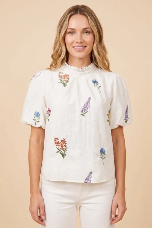 Womens Embroidered Floral Textured Ruffle Collar Top made by Hayden