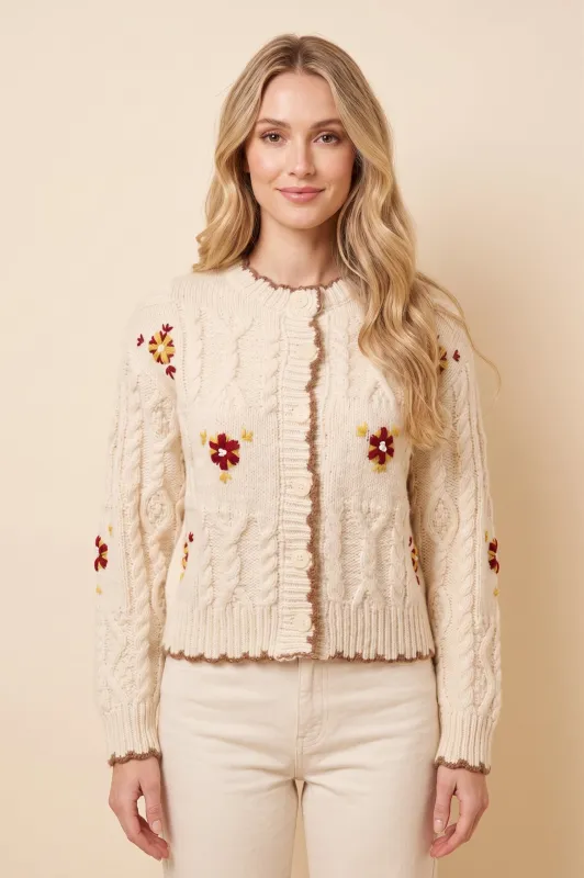 Womens Floral Embroidered Contrast Piped Sweater Cardigan made by Hayden