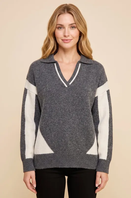 Womens Color Blocked Open Collar Knit Sweater Top made by Hayden
