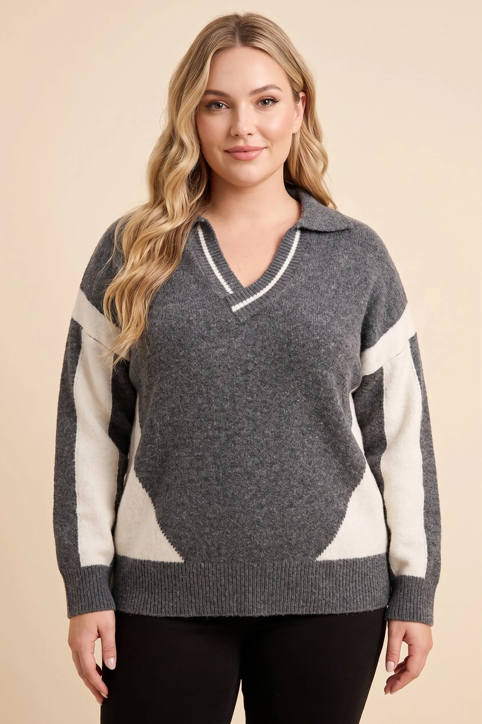 Womens Color Blocked Open Collar Knit Sweater Top sold by Hayden product image thumbnail 4